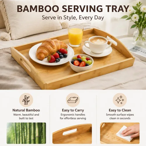 Vista 12 de Peohud Paquete de 4 bandejas de bambú para servir con asas, bandeja rectangular de comida de cocina para comer, bandejas de cena para comer