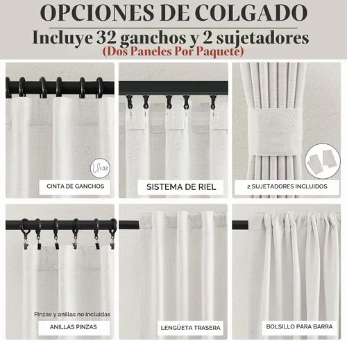 Vista 4 de Cortinas translúcidas de lino beige blanco de 84 pulgadas de largo, 2 paneles, cortinas modernas con filtrado de luz y privacidad, riel de techo