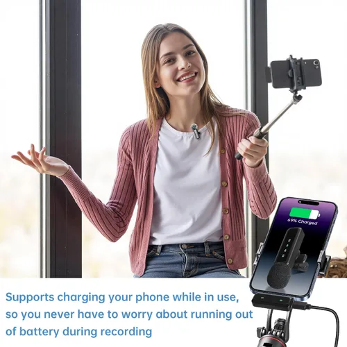 Vista 7 de Micrófono Lavalier inalámbrico para iPhone, mini micrófono con pantalla LED, Plug and Play, reducción de ruido, micrófono de teléfono para grabación