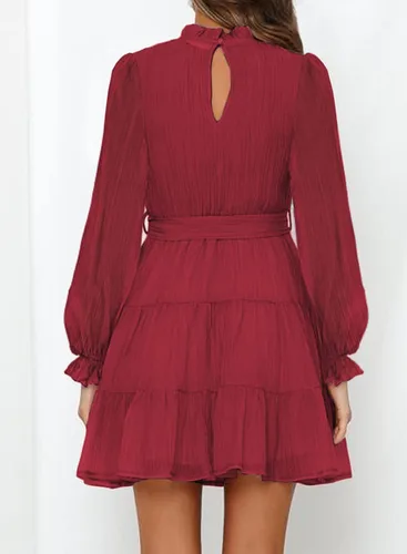 Vista 3 de FARYSAYS Vestidos de mujer 2023 de manga larga con volantes en la cintura, lazo casual escalonado, acampanado, mini vestido con vuelo