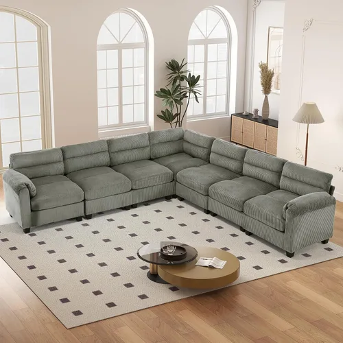 Vista 44 de HAOMARKETS Sofá esquinero modular en forma de L de 115 pulgadas con 2 otomanas móviles, sofás de pana de 8 plazas con cojín grueso para sala de Beige