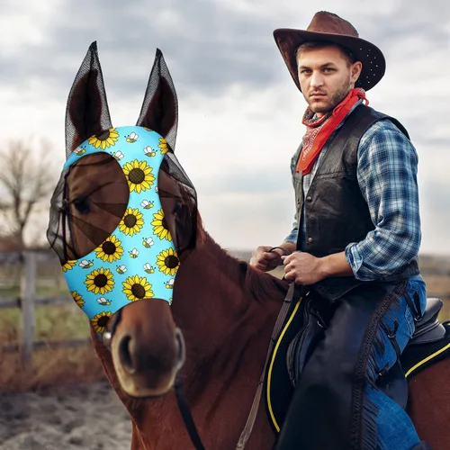Vista 6 de Weewooday 2 máscaras de mosca de caballo para caballos, máscaras suaves para orejas, máscara suave y elástica con protección UV