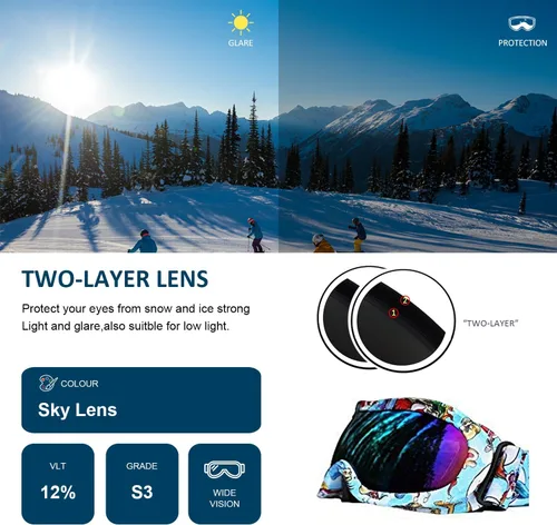 Vista 3 de Gafas de esquí para niños, gafas de snowboard para niños de 3 a 12 años