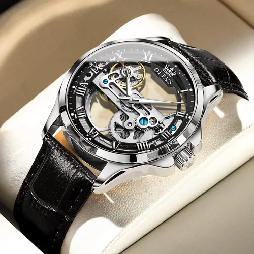 Vista 2 de OLEVS Relojes de esqueleto para hombre, automático, mecánico, de lujo, de cuero, impermeable, luminoso, reloj de pulsera para hombre
