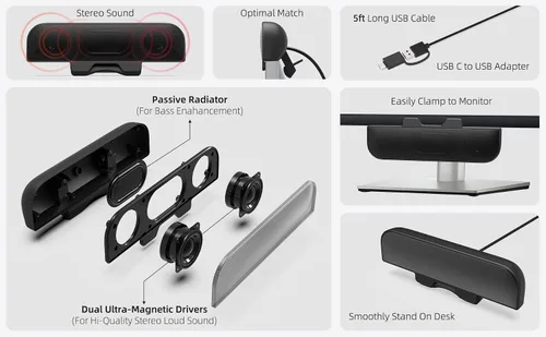 Vista 4 de Altavoces de computadora para PC de escritorio, altavoces de monitor, enchufe USB, con cable, altavoz externo para portátil, barra de sonido