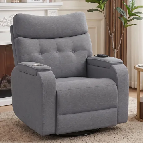 Vista 18 de Rocker - Silla reclinable para cuarto de bebé, mecedora giratoria con calor y masaje, para sala de estar, color gris claro Cuero Gris Claro