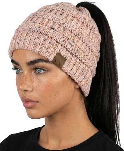 Vista 17 de Funky Junque Gorro de Cola de Caballo para Mujeres - Gorro de Invierno Ponyback Suave Elástico de Punto Trenzado Cola Alta Gorros para Correr