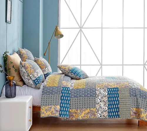Vista 3 de DaDa Bedding Honey Cove - Colcha de retazos florales – Juego de colcha reversible acolchada de algodón con estampado de cachemira para jardín, casa