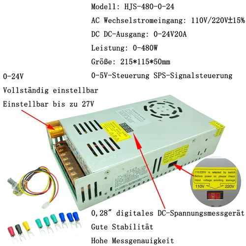 Vista 6 de Transformador AC-DC 0-24V Ajustable 20A480W Voltaje Pantalla Digital DC Regulada Fuente de alimentación de conmutación Adaptación al motor