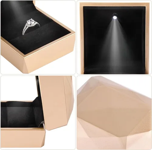 Vista 6 de iSuperb Caja de anillo de compromiso cuadrada con caja de luz LED, caja de regalo para propuesta, aniversario de boda (dorado)