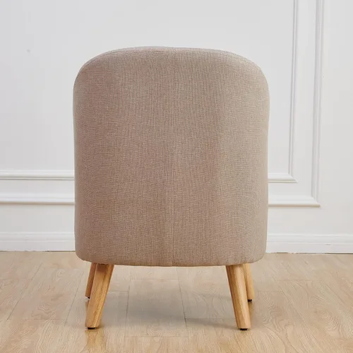 Vista 8 de Bonita silla tapizada color beige con estilo de barril, sofá individual redondo de tela similar al lino de algodón para patas de madera, sala