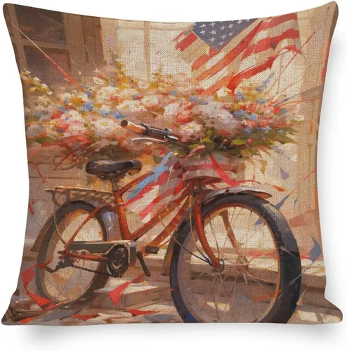 Vista 10 de Funda de cojín de lino para decoración del hogar al aire libre, 4 de julio, Día de la Independencia, celebración del 4 de julio, celebración retro