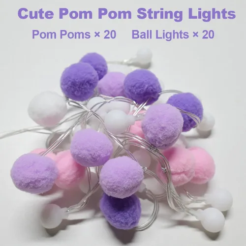 Vista 3 de ChiRee Guirnalda de luces para interiores de 6.56 pies, luces de hadas con pompones, 20 LED, funciona con pilas, luces de bola de cadena, luces