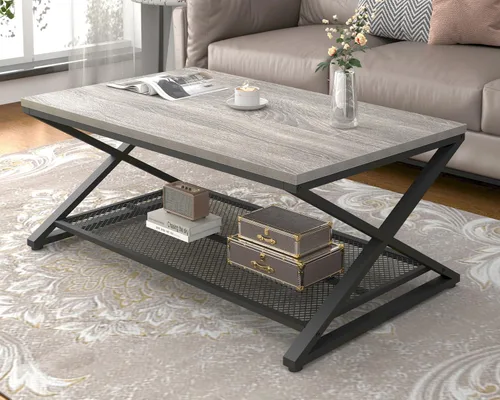 Vista 9 de LVB - Mesa de centro negra de 2 niveles con almacenamiento, 39 pulgadas Industrial Metal Wood Living Room Table with Storage, Farmhouse Wooden