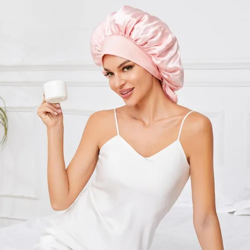 Vista 6 de Gorro de seda de satén para mujeres que duermen, gorro de satén extra de doble capa para dormir con banda de amarre ajustable, gorro de dormir