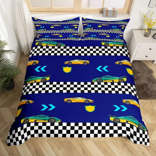 Vista 3 de Feelyou Race Car Duvet Cover Twin Size Boys Girls Speed Sports Car Bedding Set Breathable Soft Racing Comforter Cover 2Pcs Black White Checked Azure
