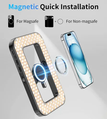 Vista 10 de Anillo de luz selfie magnético de 6000mAh RGB para iPhone, luz de teléfono recargable de 448 LED con soporte de trípode mini, estabilizador de mano