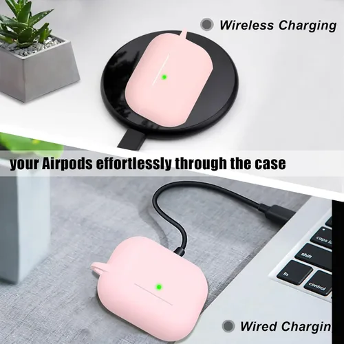 Vista 5 de Funda para Airpods Pro 2 con llavero, funda protectora de silicona suave rosa para Apple Airpods Pro Gen 2, LED frontal visible