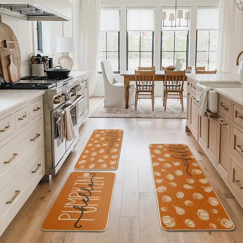 Vista 5 de Artoid Mode Juego de 3 tapetes de cocina naranja con texto en inglés "Hello Pumpkin", decoración otoñal para el hogar, alfombras de cocina de bajo