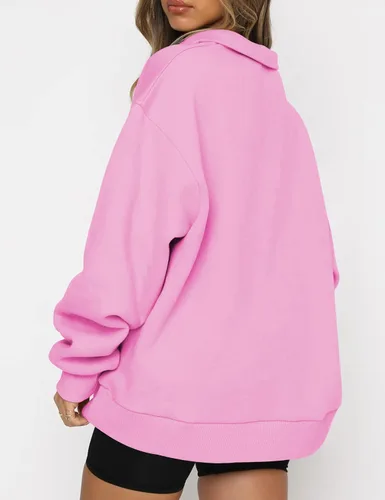 Vista 3 de EFAN Sudadera de gran tamaño con media cremallera para mujer, sudadera de manga larga con cremallera de un cuarto, sudadera moderna con capucha