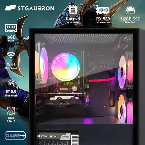 Vista 3 de STGAubron Computadora de escritorio para videojuegos, Radeon RX 560 4G GDDR5, Intel Core i5 3.2G hasta 3.6G, 16G RAM, 512G SSD, WiFi 600M, BT 5.0