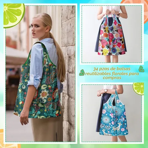 Vista 2 de Shappy 34 bolsas de comestibles reutilizables con diseño floral, bolsas plegables de nailon lavables, bolsas de compras extragrandes lindas