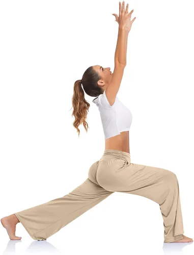 Vista 4 de UEU Pantalones de yoga de pierna ancha para mujer, cintura alta, ajustables, con lazo, casuales, holgados, talla grande, pantalones deportivos