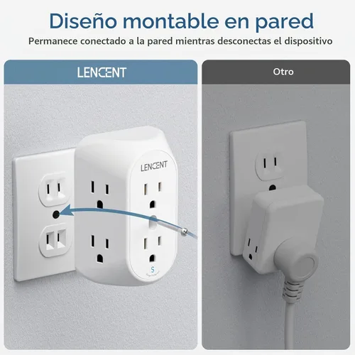 Vista 5 de LENCENT Regleta de alimentación con protector de sobretensiones de 2 clavijas, adaptador de toma de tierra de 2 clavijas a 3 puntas, toma