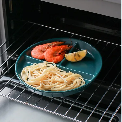 Vista 4 de Paquete de 2 platos redondos de 3 compartimentos para control de porciones, de plástico, reutilizables, divididos para adultos, aptos