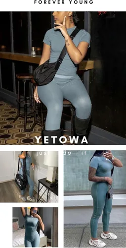 Vista 3 de YETOWA Conjunto de entrenamiento casual para mujer, 2 piezas, pantalones cortos, conjuntos de yoga, manga corta, leggings elásticos de cintura alta