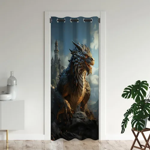 Vista 11 de Cortinas de puerta de dragón para puertas, mágica cortina opaca medieval de animales de fantasía para armario de dormitorio de niños, con ojales