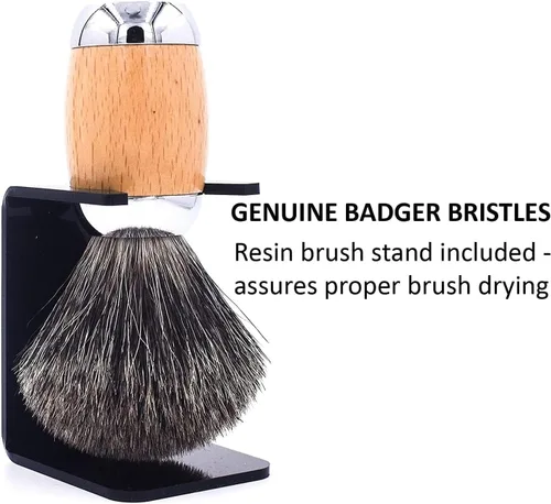 Vista 5 de Taconic Shave 's 100% mixto tejón cepillo de afeitar de lujo – madera de haya y mango cromado – Soporte de afeitar incluido