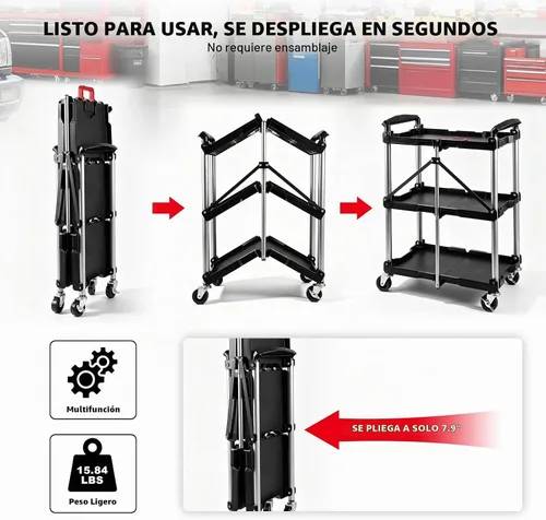 Vista 5 de BIG RED Carro de servicio plegable plegable, carrito de herramientas Negro