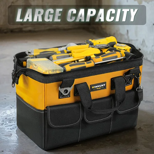 Vista 7 de WINHUNT Bolsa de herramientas premium, 14 bolsillos, 18 pulgadas, negro/amarillo, correa de hombro ajustable