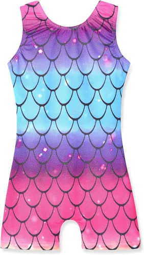 Vista 24 de HOZIY Leotardos de gimnasia para niñas con conjuntos de voltereta, con brillo, patrón adorable B Rainbow Stripe
