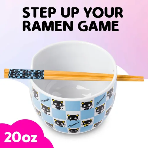 Vista 2 de Silver Buffalo Hello Kitty y sus amigos Chococat - Tazón de cerámica para ramen y arroz con palillos, patrón a cuadros, apto para microondas, 20