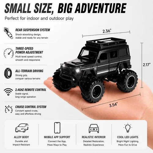 Vista 7 de 1:64 Mini RC Crawler Car, camión de control remoto de aleación con control de aplicación, controlador de 2.4 GHz, 3 modos de velocidad, luces LED