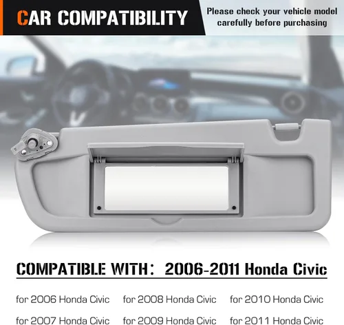 Vista 2 de Visera solar para Honda Civic EX LX Sedan SI Coupe 2006-2011, lado del conductor izquierdo, repuesto gris 83280-SNA-A01ZA