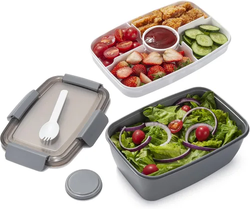 Vista 9 de Freshmage Recipiente para Ensalada para Llevar, Cuencos de Ensalada de 52 oz con 3 Compartimentos, Recipiente de Aderezos de Ensalada