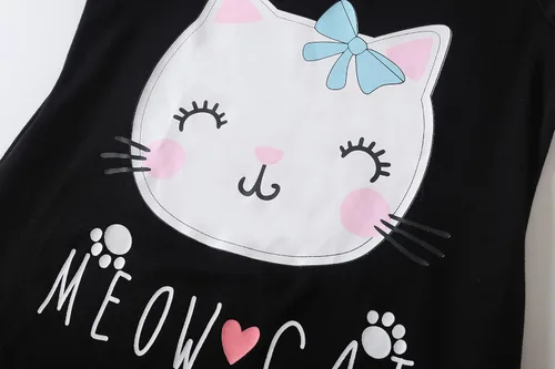 Vista 4 de Hupohoi Bata de dormir de manga corta para niñas grandes con lindos gatos, diseño de día perezoso, pijama Gato negro