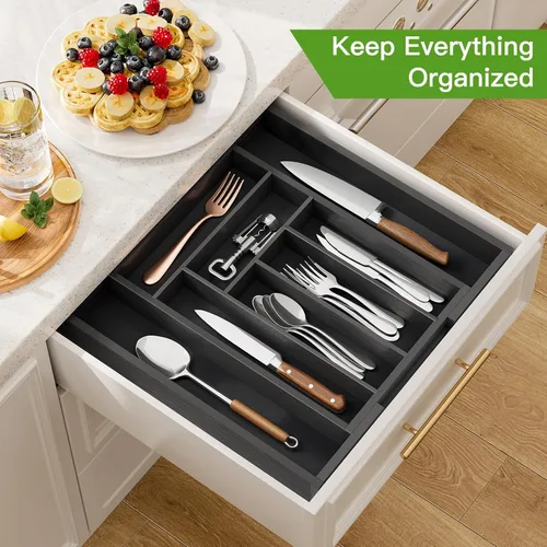 Vista 3 de Pipishell - Organizador de Cajones Extensible de Bambú para Soporte de Utensilios, Bandeja de Cubiertos Ajustable, Organizador de Divisores