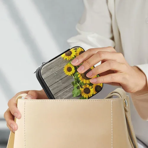 Vista 7 de OTVEE Joyero pequeño de madera con girasoles amarillos otoñales, mini joyero, organizador de joyas de viaje para mujeres y niñas, Otoño Amarillo