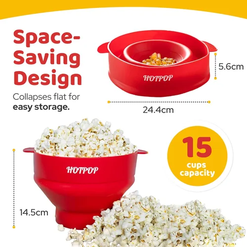 Vista 2 de The Orginal HOTPOP - Máquina para hacer palomitas de maíz de silicona, para microondas con asas, cuenco plegable, resistente al calor, fácil