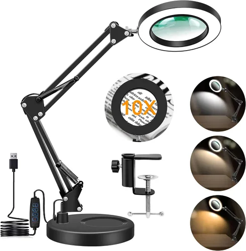 Vista 8 de Lupa de Aumento 10X con Luz y Abrazadera, Lupa de Cristal Real con LED Iluminada, 3 Modos de Color 10 Niveles Regulables, Lámpara de Aumento