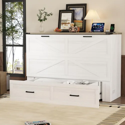 Vista 12 de Cama Murphy de Cofre de Granja Completa con Cajones de Almacenamiento y Estación de Carga, Armario Cama Murphy Rústica de Madera Plegable Oculta