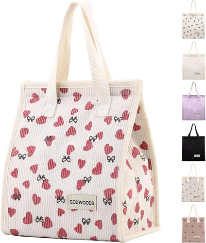 Vista 9 de TELLUMO Bolsa de almuerzo de corduroy para mujeres y hombres, linda bolsa de almuerzo con aislamiento y gran capacidad (7.5L), bolsa de almuerzo