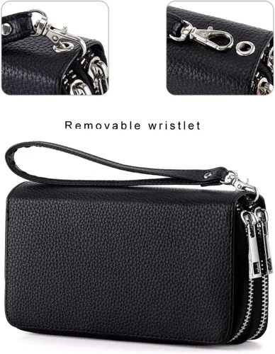 Vista 5 de Cartera de pulsera con doble cremallera para mujer, cartera larga para teléfono celular (estria negra Litchi), Negro
