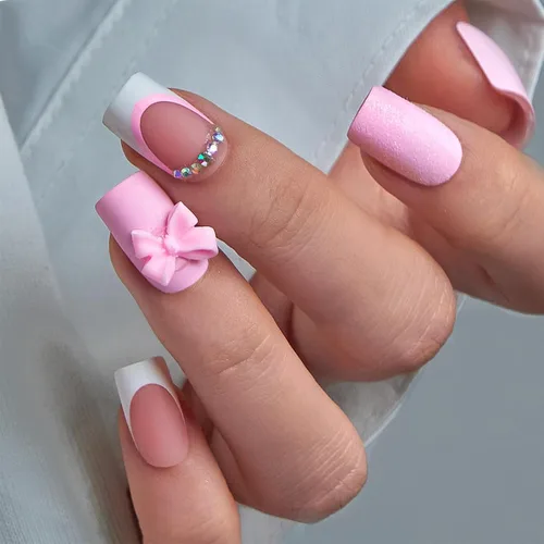 Vista 17 de CurvLife - Uñas postizas cuadradas cortas a presión, color blanco brillante Cuadrado Gradiente Blanco