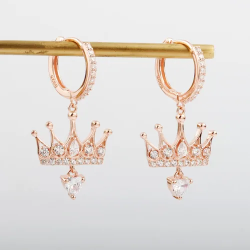 Vista 9 de 925 Sterling Silver Cubic Zirconia Princess Crown Dangle Huggie Hoop Earrings