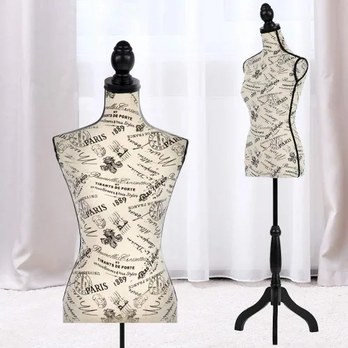 Vista 10 de Dkeli Maniquí de torso con base de trípode de madera, apto para clavar alfileres, para vestido de mujer, con altura ajustable de 60 a 67 pulgadas